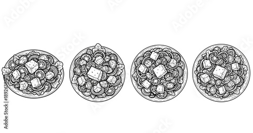 Assorted black and white pasta dishes with cheese and vegetables