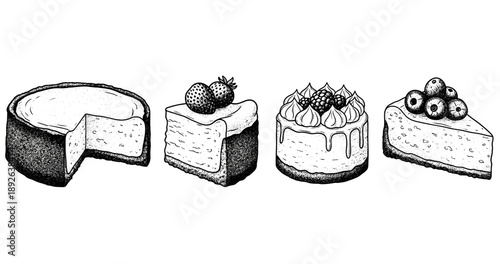 Black and white illustrations of various cheesecakes with berries
