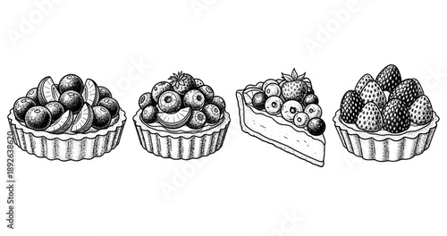 Hand-drawn fruit tarts illustration with blueberries and strawberries