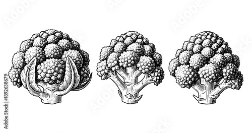 Detailed black and white illustrations of three broccoli varieties