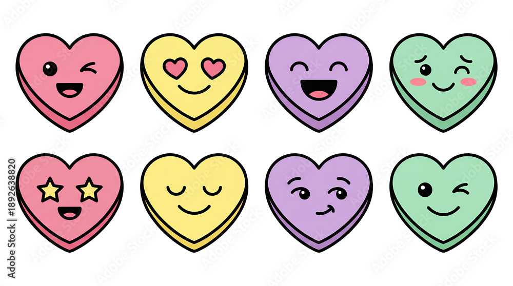 Fototapeta premium Colorful candy hearts set including pink, yellow, purple, and green kawaii emoji expressions isolated. Valentine's Day and romantic decoration.