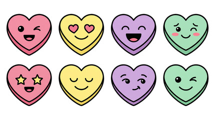 Colorful candy hearts set including pink, yellow, purple, and green kawaii emoji expressions isolated. Valentine's Day and romantic decoration.