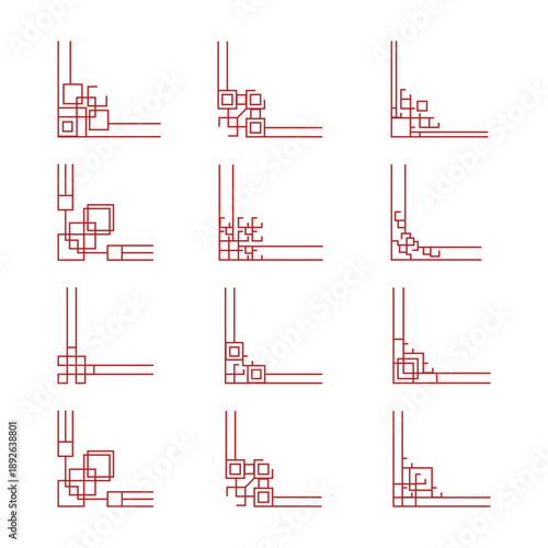 Red geometric line art corner borders collection