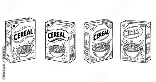 Set of cereal box sketches with spoon and bowl designs