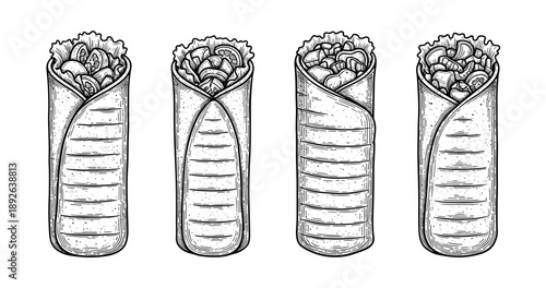 Black and white burrito illustrations with varied fillings