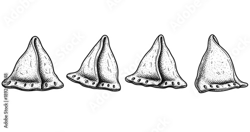 Sketch of four hand-drawn dumplings in black and white
