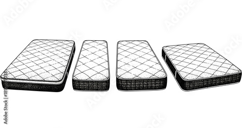 Illustration of four mattresses in various sizes with quilted patterns