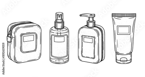 Set of hand-drawn cosmetic containers: spray bottle, pump dispenser, tube, bag
