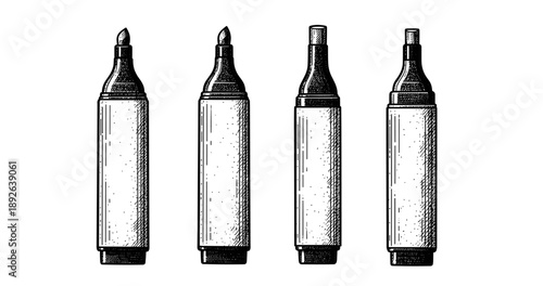 Collection of sketched marker pens with different tips and varied thicknesses