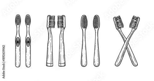 Set of hand-drawn toothbrush designs in black and white