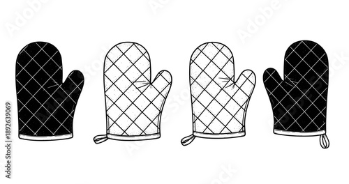Set of quilted oven mitts with diamond pattern in black and white design