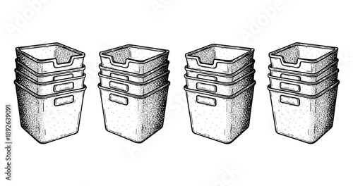 Illustration of vintage stacked storage bins in black and white design