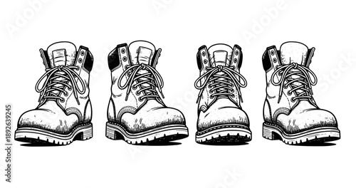 Black and white illustration of four vintage leather boots in a row