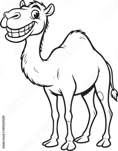 Happy cartoon dromedary camel smiling widely, perfect for children's coloring activities