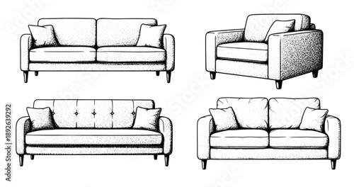 Vintage black and white sofa and armchair illustrations on white background