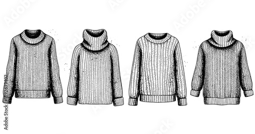 Hand-drawn collection of knitted sweaters with various neck styles