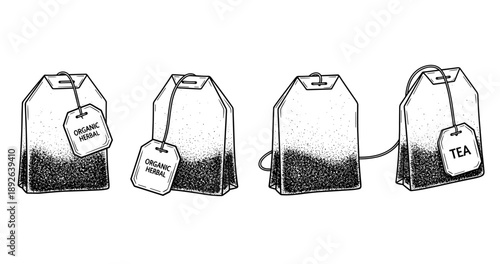 Organic herbal and classic tea bags: detailed black and white illustrations