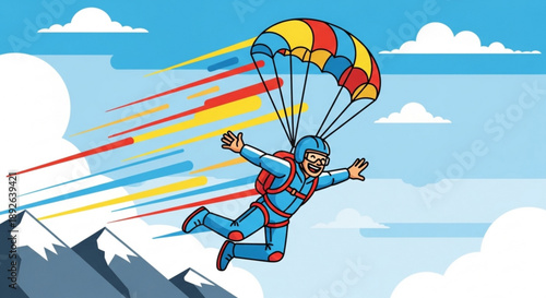 Skydiver in blue jumpsuit parachutes down from mountain peak with colorful parachute