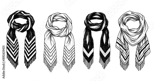 Set of four patterned scarves with chevron and striped designs