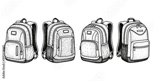 Set of four detailed sketches of backpacks with multiple compartments and straps