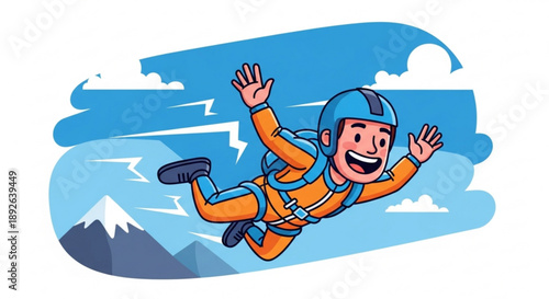 Smiling cartoon man skydiving freely in blue sky with mountains