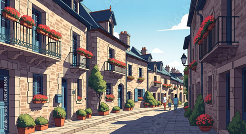 Quaint european street with historic buildings flower boxes and potted plants on a sunny day