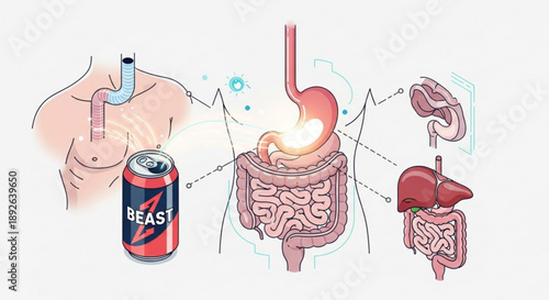 Digestive system anatomy with soda can illustration