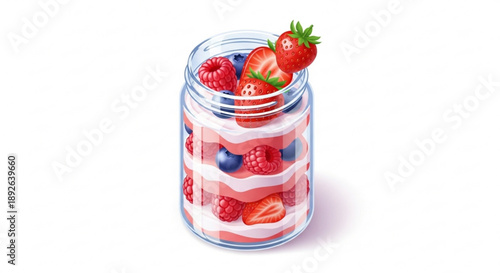 Layered dessert in a glass jar with strawberries raspberries blueberries and whipped cream