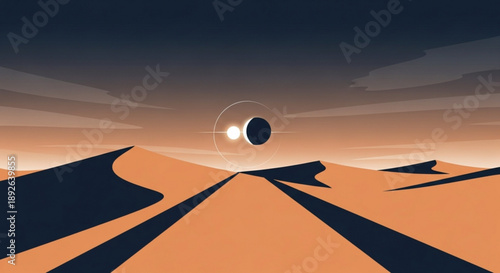 Solar eclipse over desert sand dunes at sunset with orange sky and dark shadows