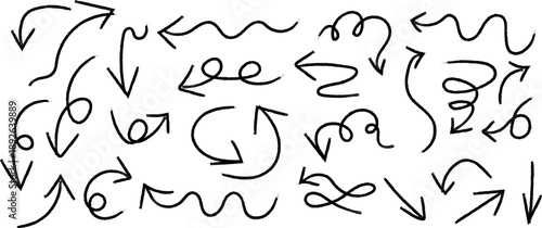 A collection of hand drawn black lines and curves forming abstract arrow shapes swirls and looping patterns on a white background high-quality