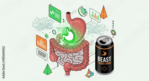Digestive system with soda can and health charts illustrating gut health and nutrition