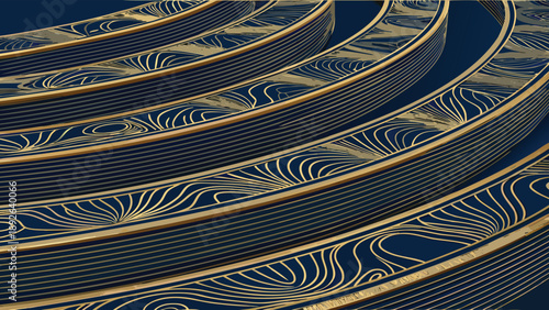 Layered circuit board illustration with gold and blue lines depicting electronic components and technology