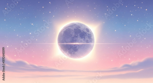 Solar eclipse at dusk with moon in starry twilight sky and pink clouds