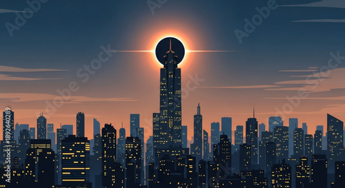 Futuristic cityscape with sleek skyscrapers and glowing sunset behind central tower at dusk