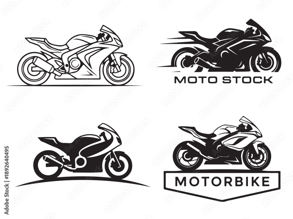 Obraz premium Motorcycle Stock Illustration Collection: Modern Superbike Outlines and Brand Symbols
