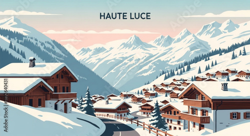 Snowy mountain village with wooden chalets and pine trees at sunset haute luce landscape