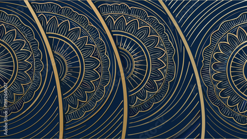 Dark blue background with intricate golden mandala patterns and curved lines illustration