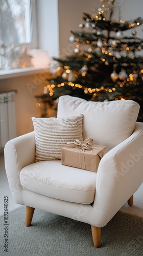 White armchair stands near a Christmas tree with lights and decorations in a warm living room during the holiday season