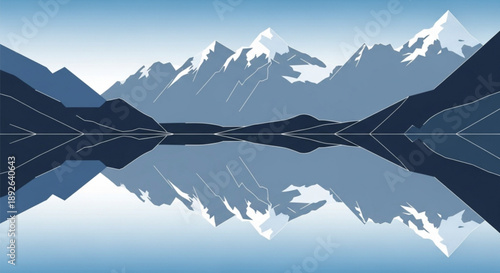 Snowy mountain range reflected in calm lake water with clear blue sky and white clouds