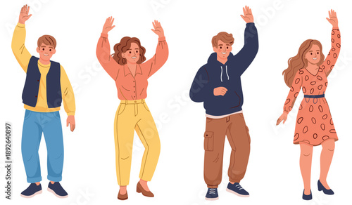 Group of diverse young adults in casual clothing waving