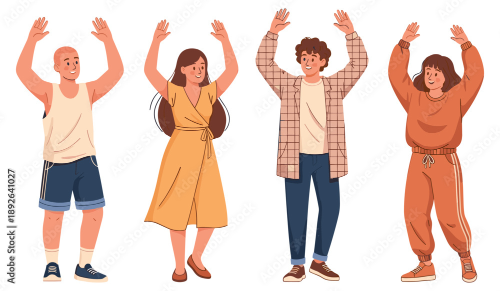 Obraz premium Diverse group of people cheering with raised arms in casual attire