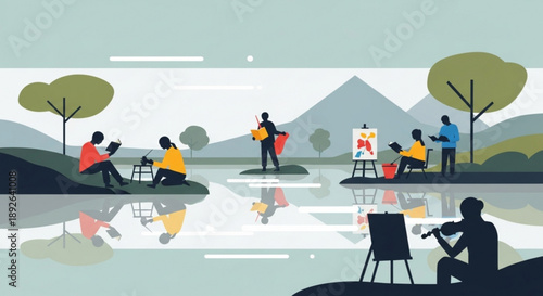 Artists painting and playing music by serene lake with mountains