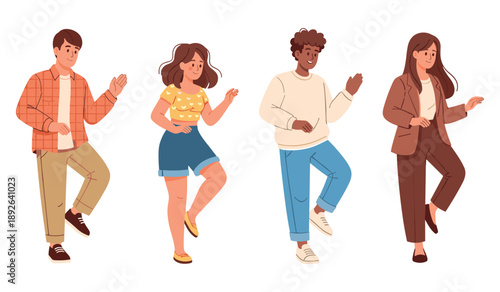 Diverse group of young adults dancing in casual outfits on white background