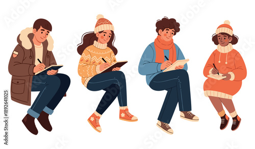 Diverse group of young adults seated and writing in winter attire