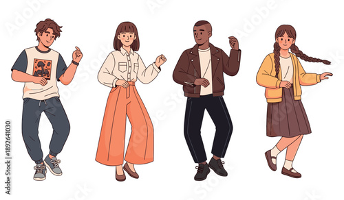 Diverse group of young people dancing together in stylish outfits
