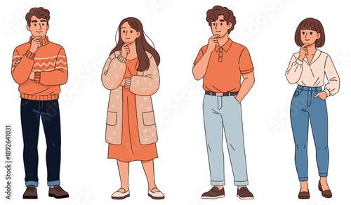Diverse group of thoughtful young adults in casual outfits on white background