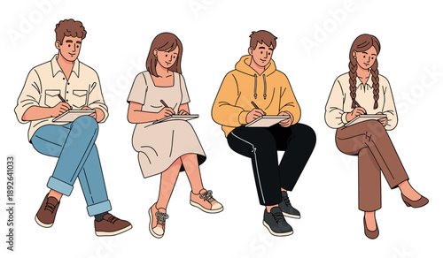 Diverse young adults writing: casual attire and seated poses