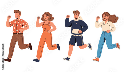 Diverse cartoon teenagers running: casual attire and active positivity
