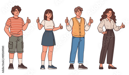 Diverse group of young cartoon characters giving thumbs up gesture