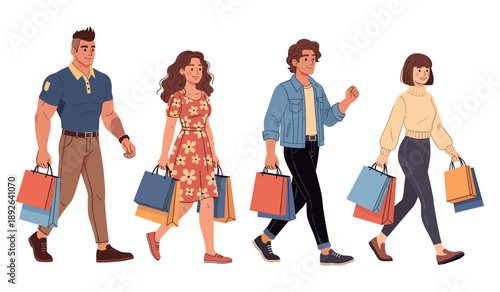 Diverse young adults shopping with colorful bags